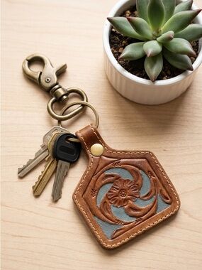 Myra Bag Turquoise Leather Keychain | Western Tooled Key Fob